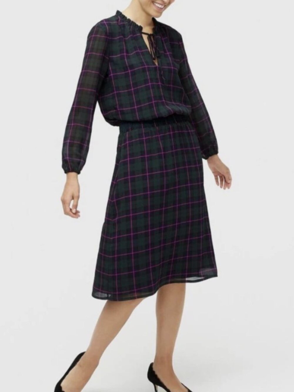 J.Crew Black Watch Plaid Tie-Neck Midi Dress Size S